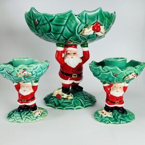 VTG NAPCO Ware Santa Christmas Set 1962 Candy Dish Candle Holder Holly Ceramic